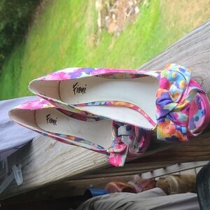 Fioni flower print pink open toe high heels bow front size women's us 8.5